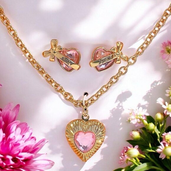 Juicy Couture Jewelry - Juicy Couture Pink Gold Heart Crystal Charm Locket Necklace & Earrings Set NIB